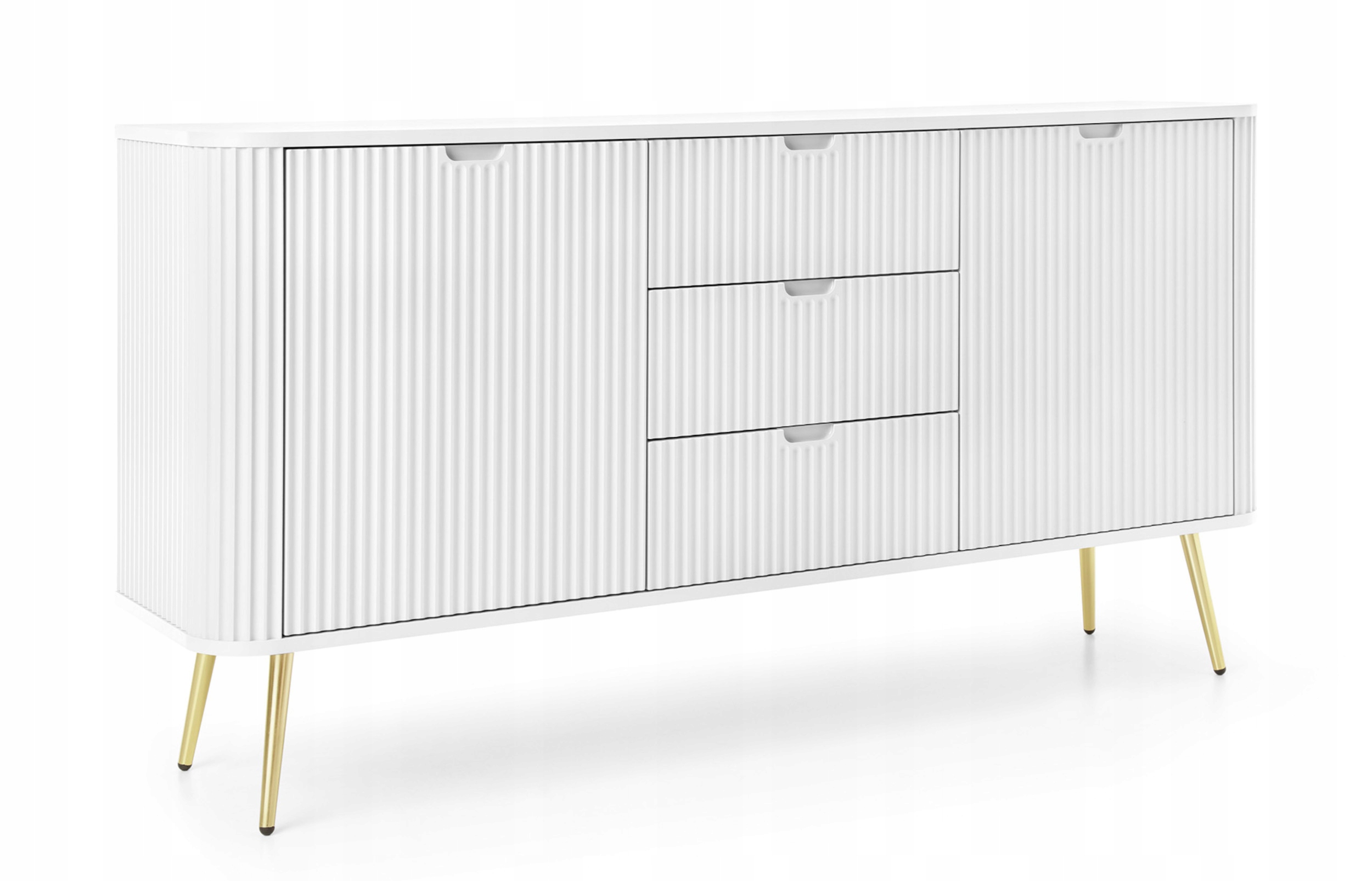 Dvoudveřová komoda Zova tři lamelové zásuvky 168 cm Bílá se zlatými nohami