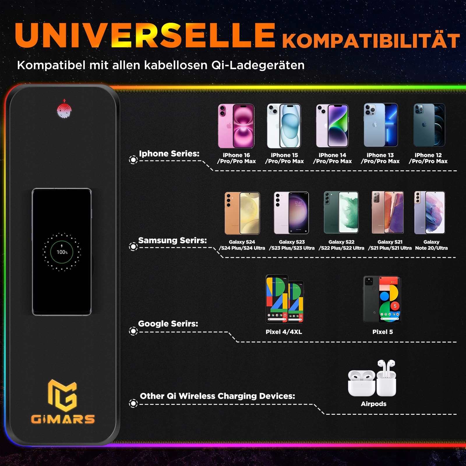 GIMARS Podkładka Gamingowa RGB XXL 800x300x5mm Bezprzewodowe Ładowanie 15W — miniatura 4