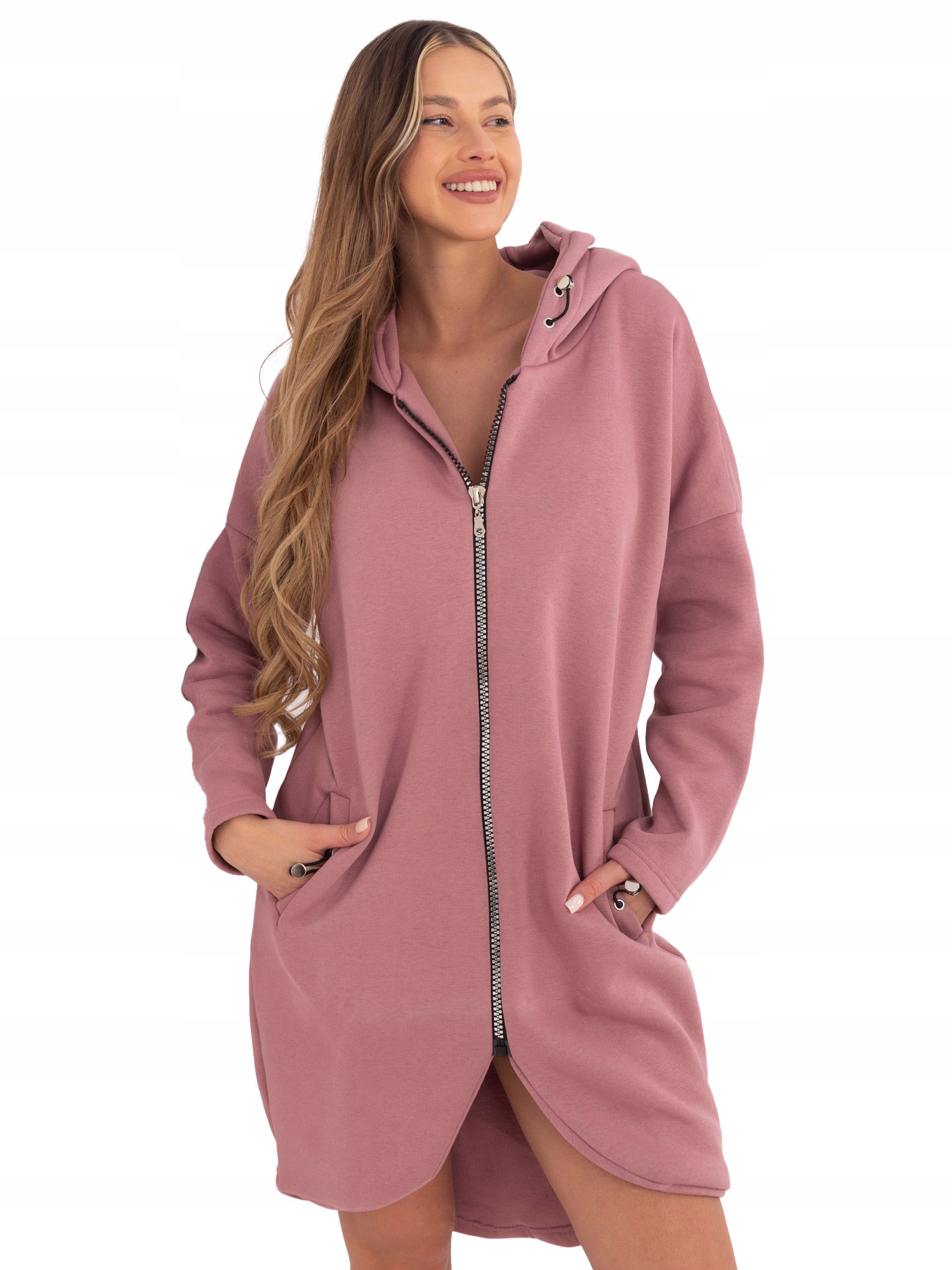 Bluza Damska rozpinana długa z kapturem ciepła asymetryczna