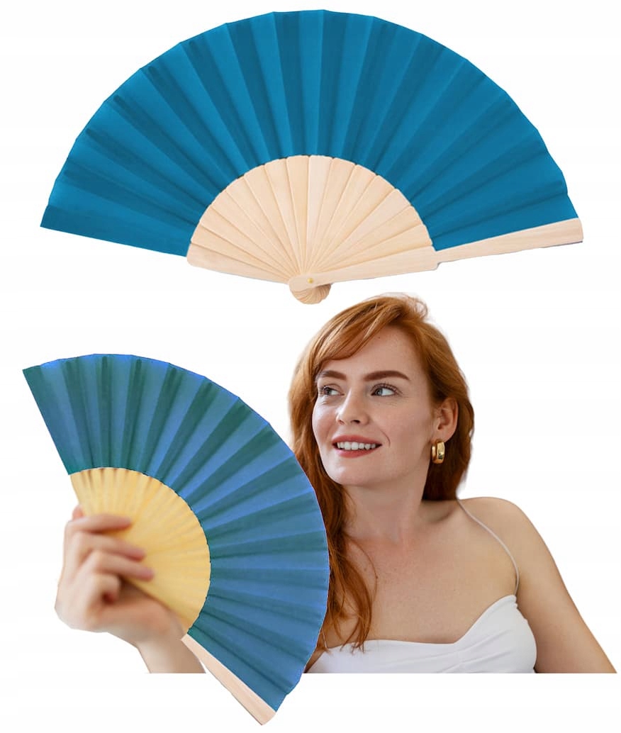 WACHLARZ DREWNIANY Składany METERIAŁOWY Duży 41cm Elegancki niebieski