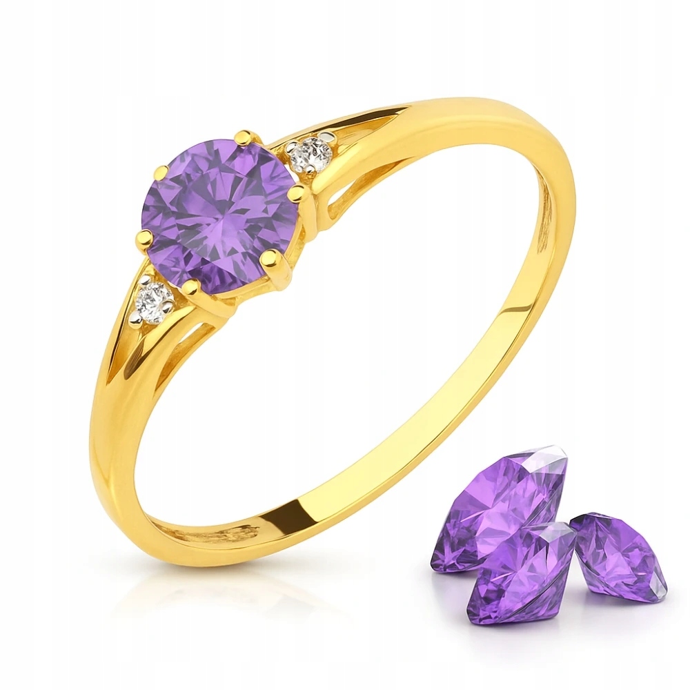 Zlatý Prstýnek 585 S Fialovým Zásnubním Očkem Zirkony VEL.21