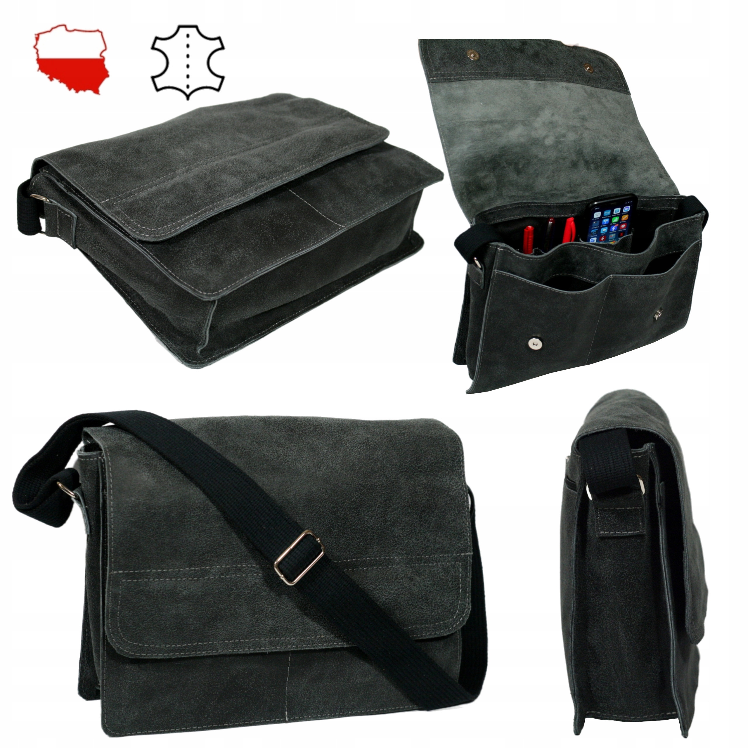 Pánská kožená taška přes rameno kabelka přes rameno vintage polská výroba A4 šedá