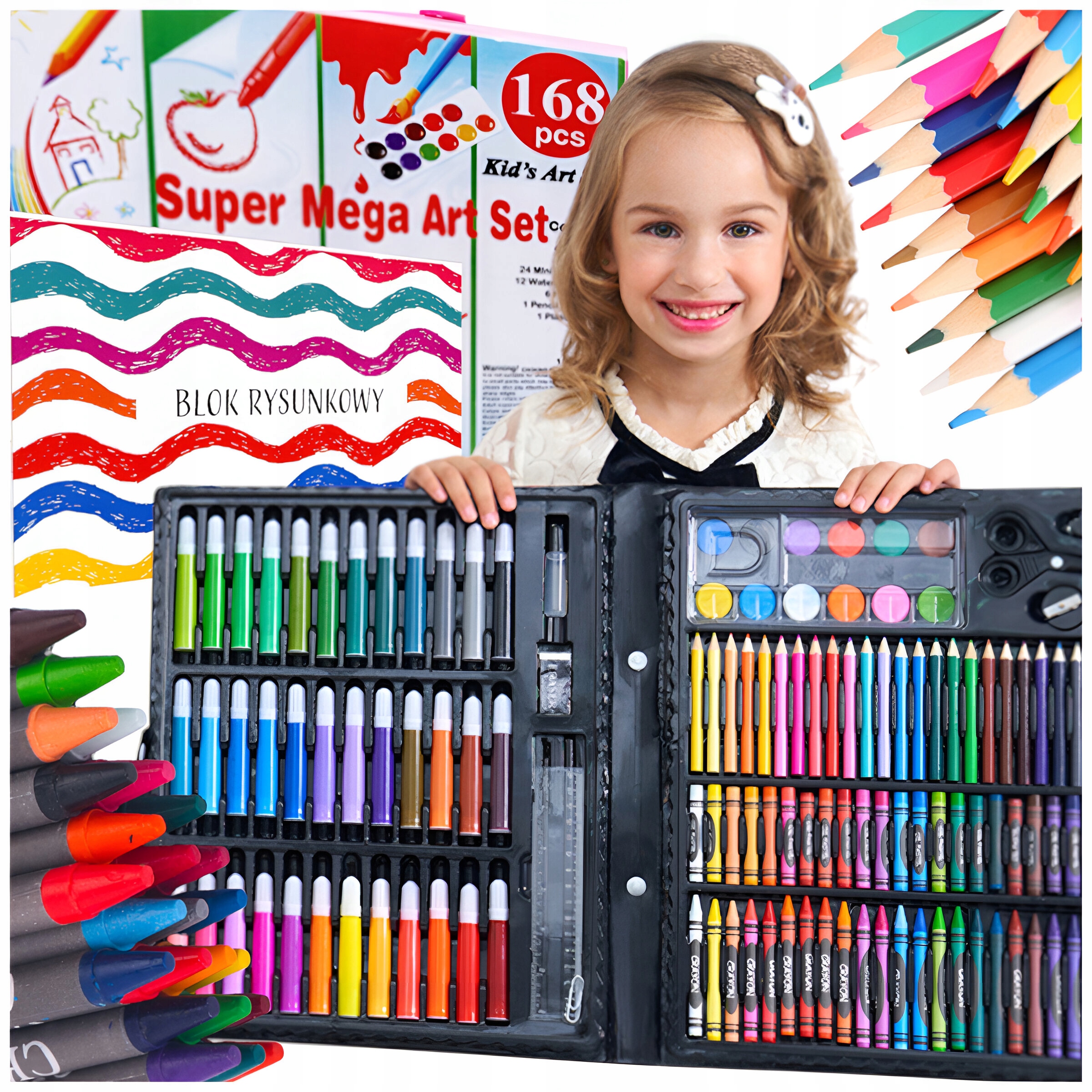 ZESTAW ARTYSTYCZNY DO MALOWANIA RYSOWANIA FARBY MAZAKI + BLOK A4 168 ELE.