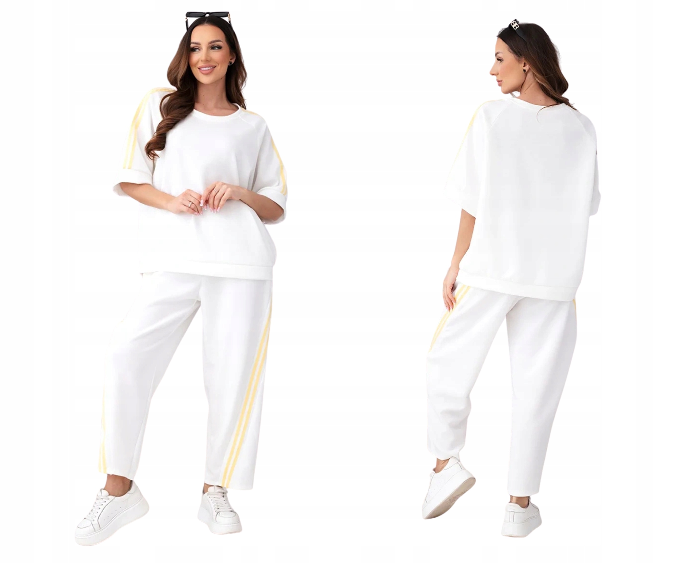 Biały komplet damski wiskozowy z lampasami Masełko