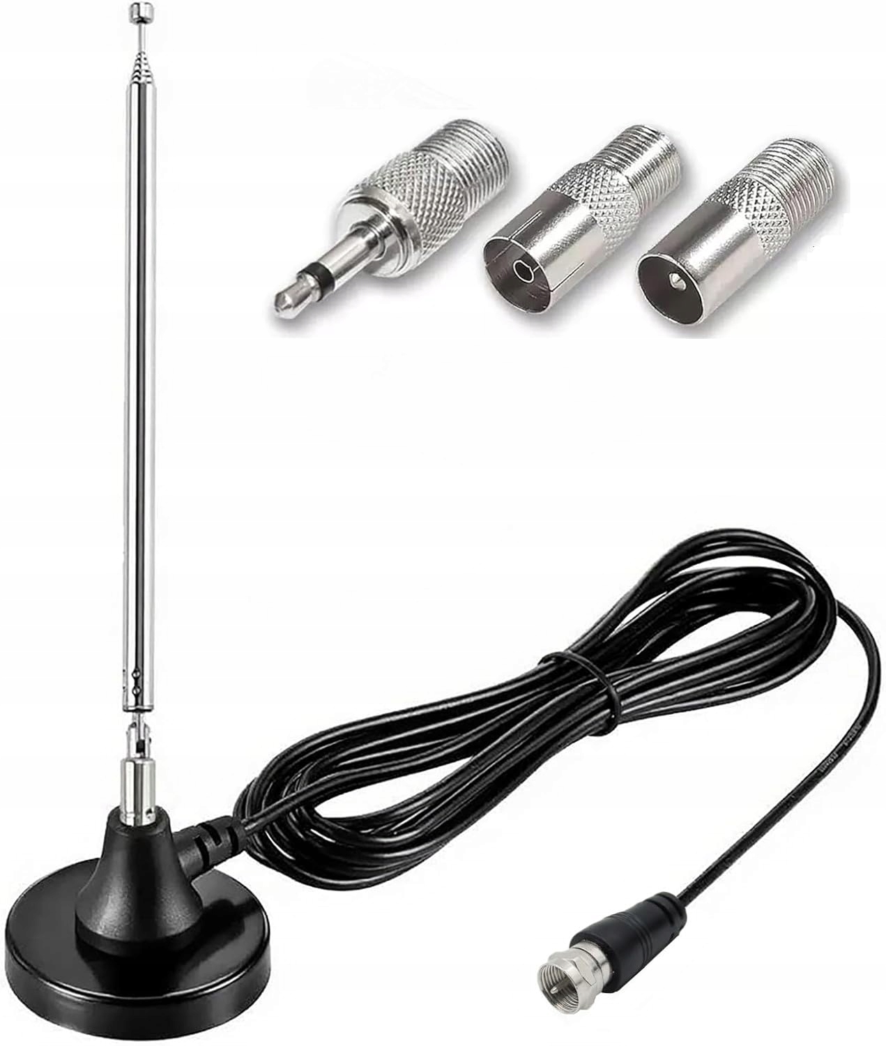MOCNA METALOWA ANTENA FM ZE WZMACNIACZEM + 3 ADAPTERY/WTYKI DO RADIA