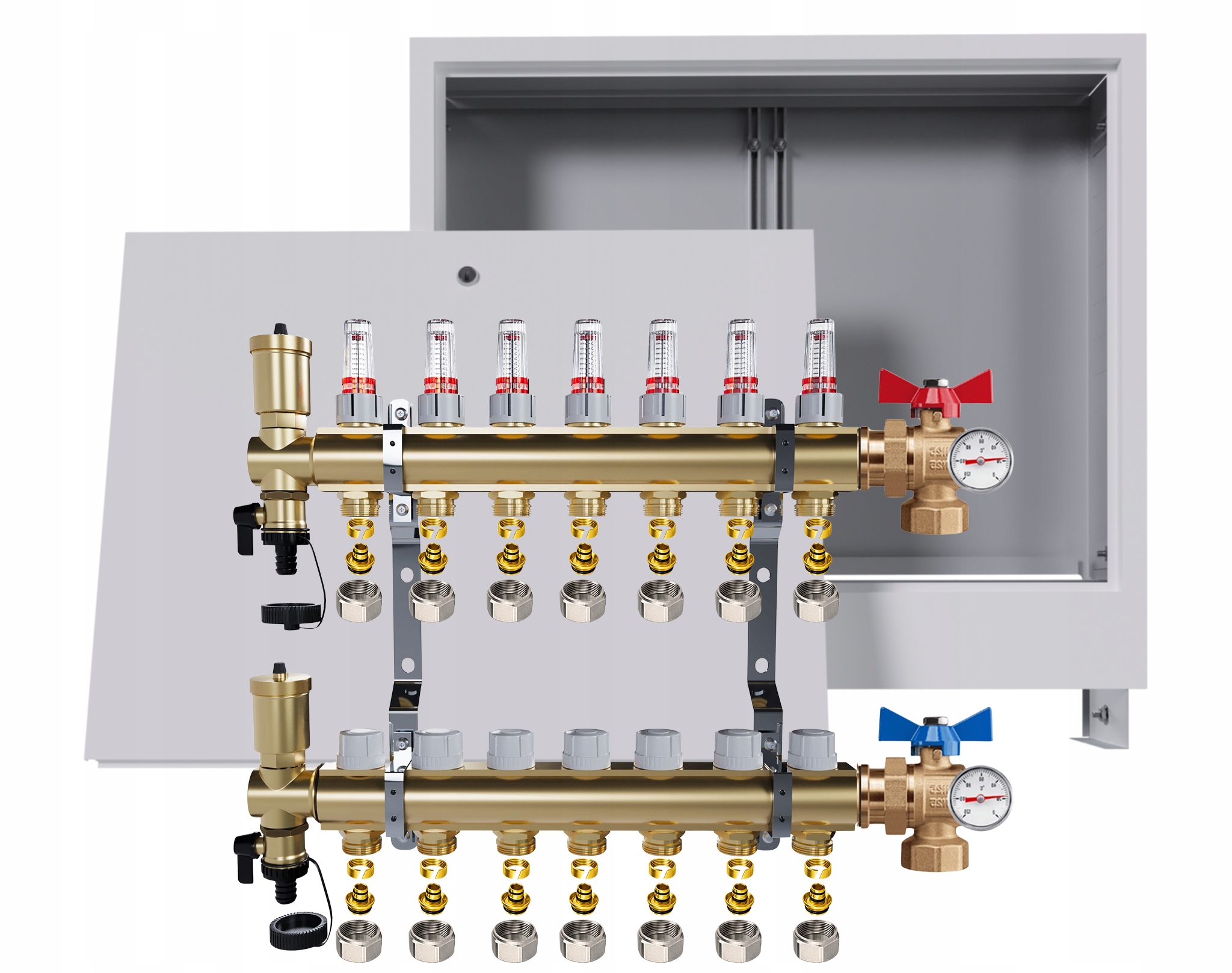 Rozdělovač podlahy 7 okruhů kulové ventily teploměry krabička Pex