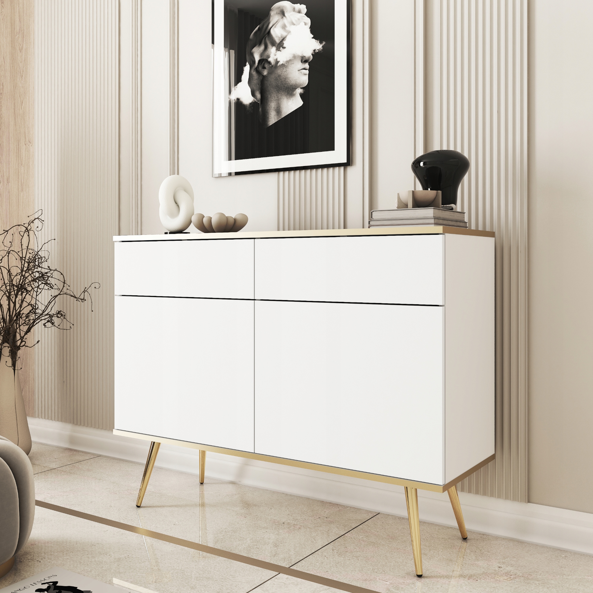 Komodee Komoda Banff KSZ107 Elegantná Biela Zlaté Nohy Zdobenia