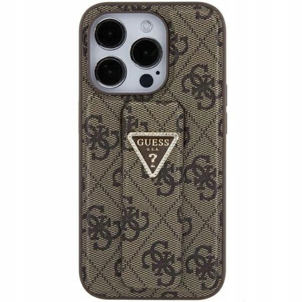 Pouzdro pouzdra kryt Guess Grip Stand 4G Triangle Strass pro iPhone 15 hnědé