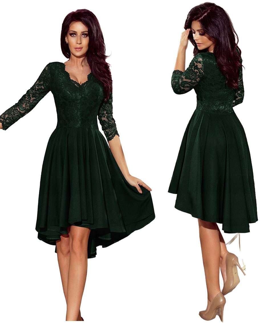 Asymetrické Šaty S Krajkovým Výstřihem, Delší Zadní Část, Tmavá Zeleň 3XL