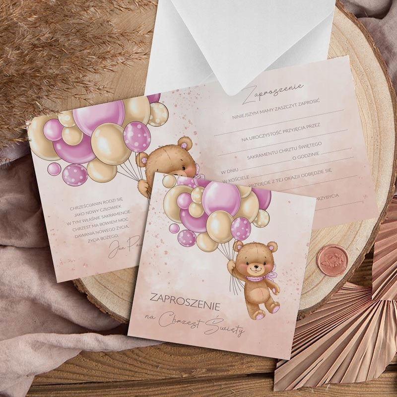 ZAPROSZENIA NA CHRZEST MIŚ I BALONIKI RÓŻ 10szt (+koperty) Marka Sklepykoka