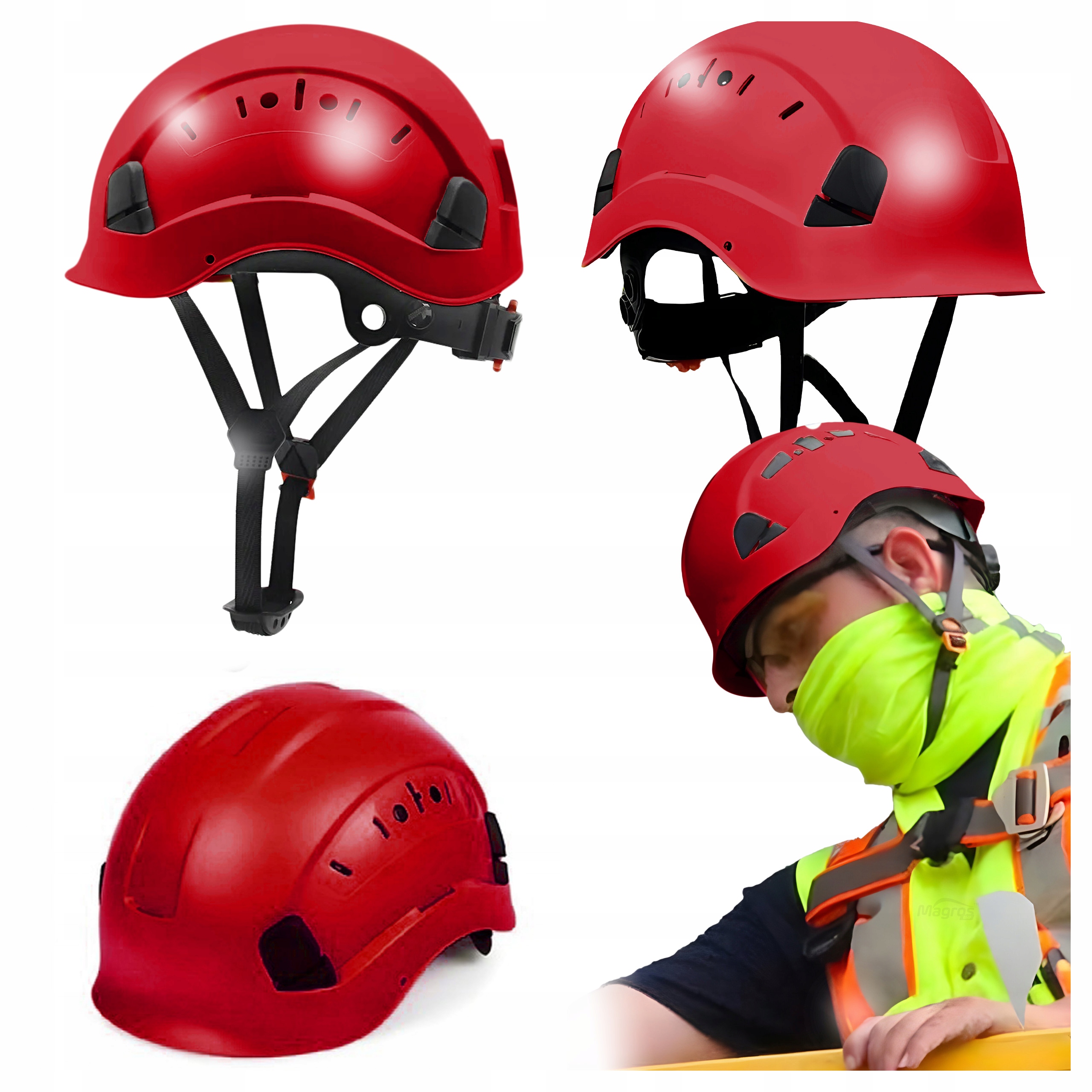 Kask Wspinaczkowy Hełm Ochronny Wentylowany Czerwony z Paskiem Podbródkowym