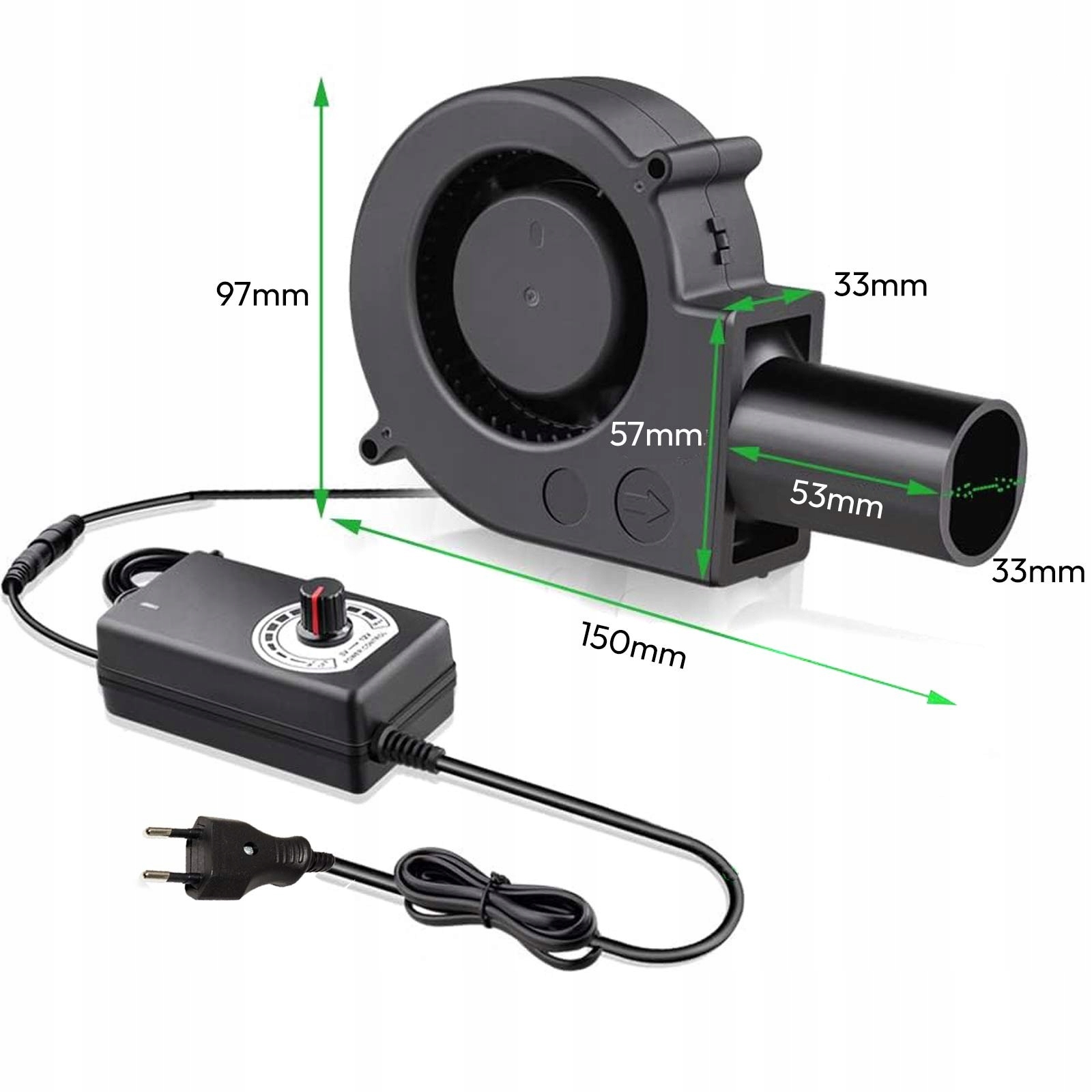 Turbine Fan Blower with Adjustable Rotation 12V 230V 97x33 Cooling Airflow 53 CFM
