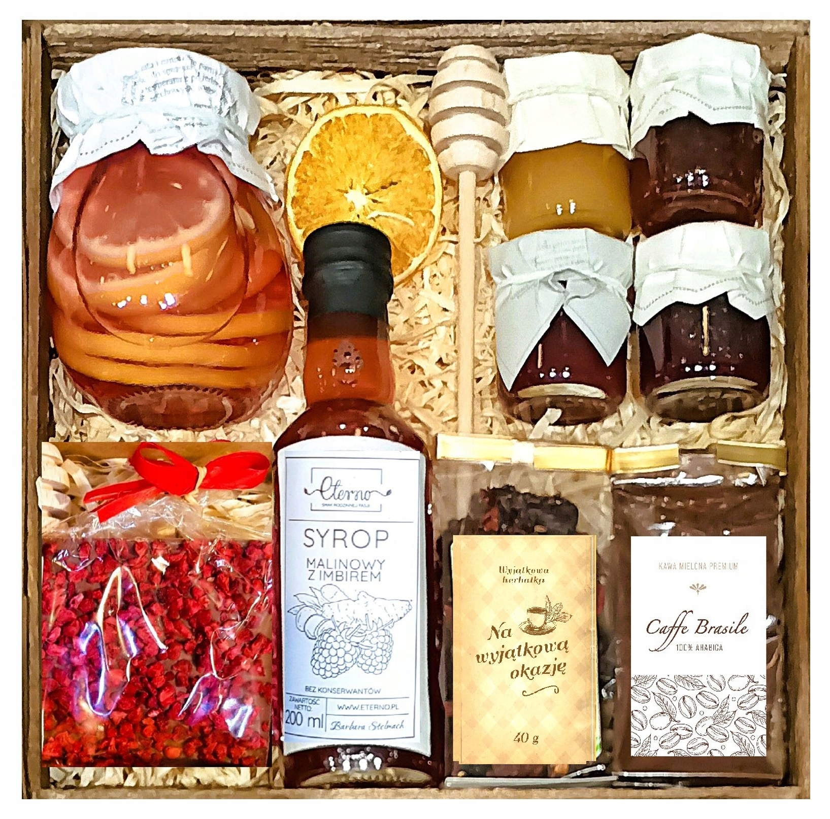 Kosz Prezentowy Upominek Herbata Miód Czekolada Syrop Malina Kawa