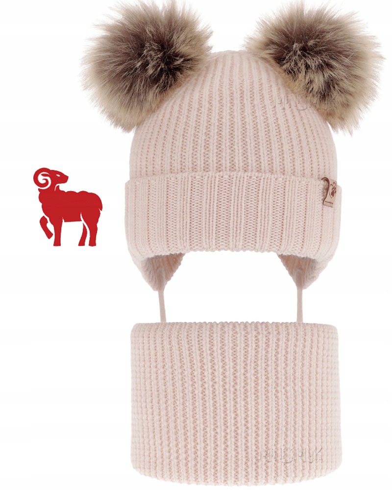 Różowy Ciepły komplet zimowy Czapka wiązana Komin 48-50 Wełna Merino 2-6lat