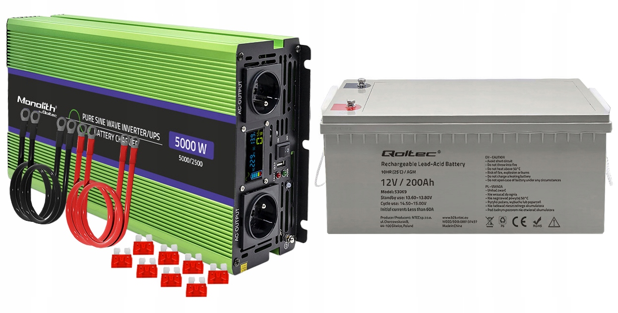 PRZETWORNICA NAPIĘCIA QOLTEC 12V-230V Z FUNKCJĄ UPS 2500/5000W SINUS 200AH