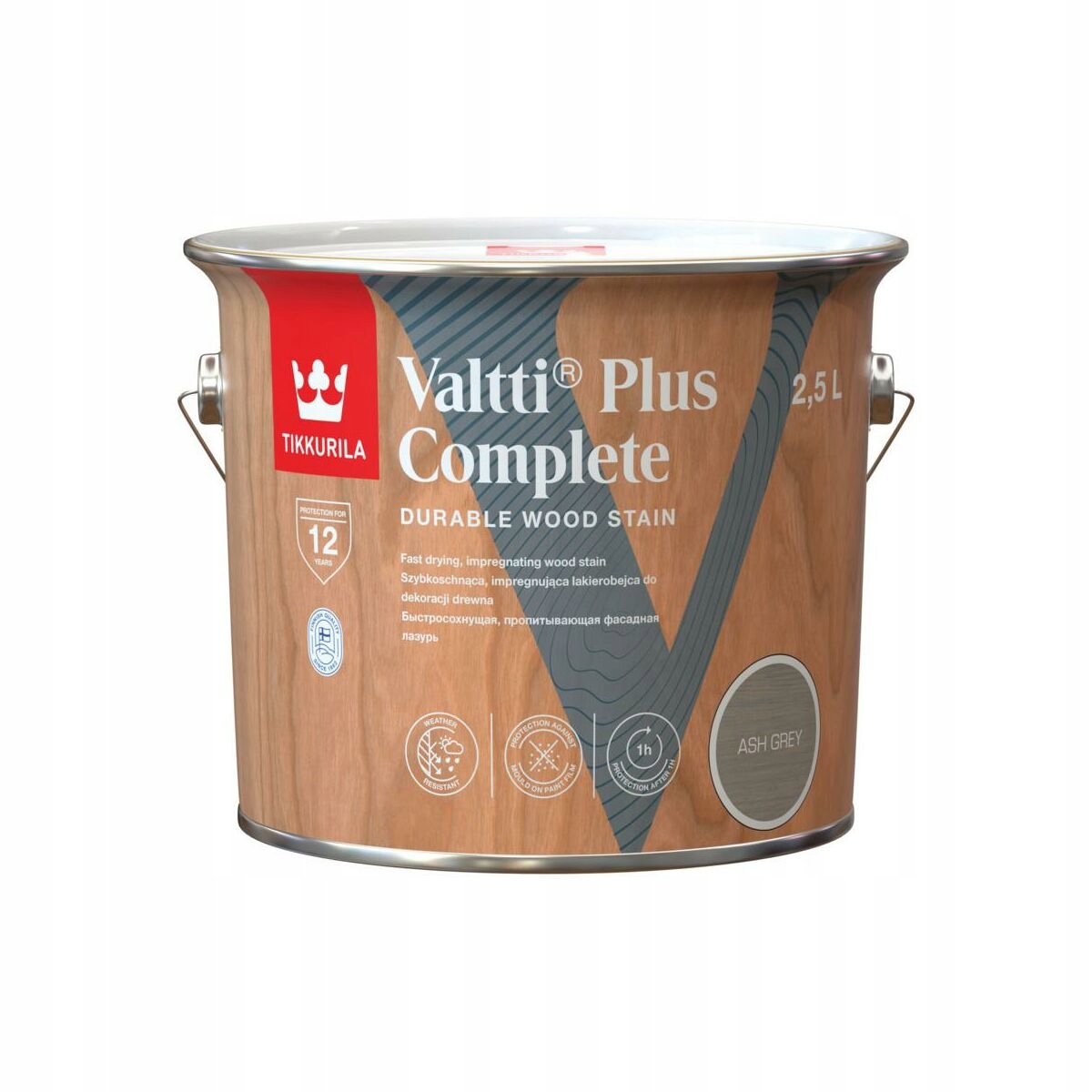 Lakierobejca drewno elewacje Tikkurila Valtti Complete Plus Ash Grey 2,5l