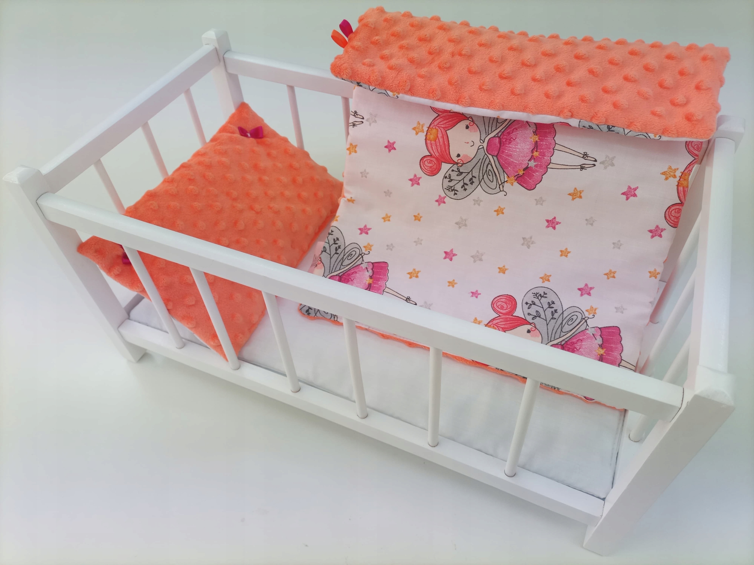 BIAŁE DREWNIANE ŁÓŻECZKO DLA LALEK + POŚCIEL 3EL