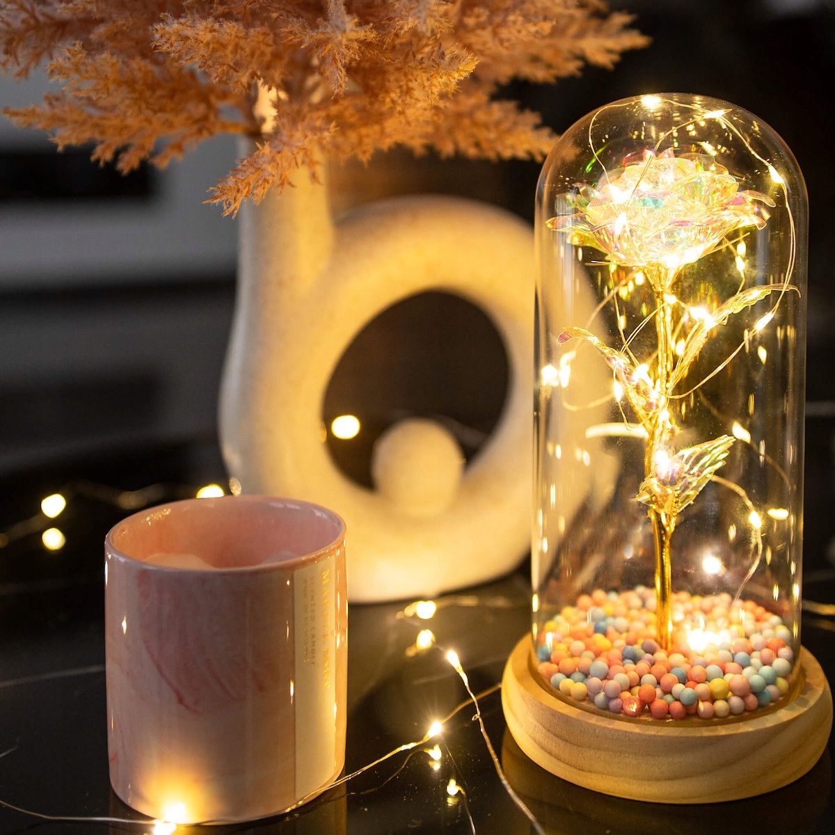 WIECZNA RÓŻA W SZKLE świecąca LED pudełko POMYSŁ PREZENT NA DZIEŃ MATKI Marka Springos