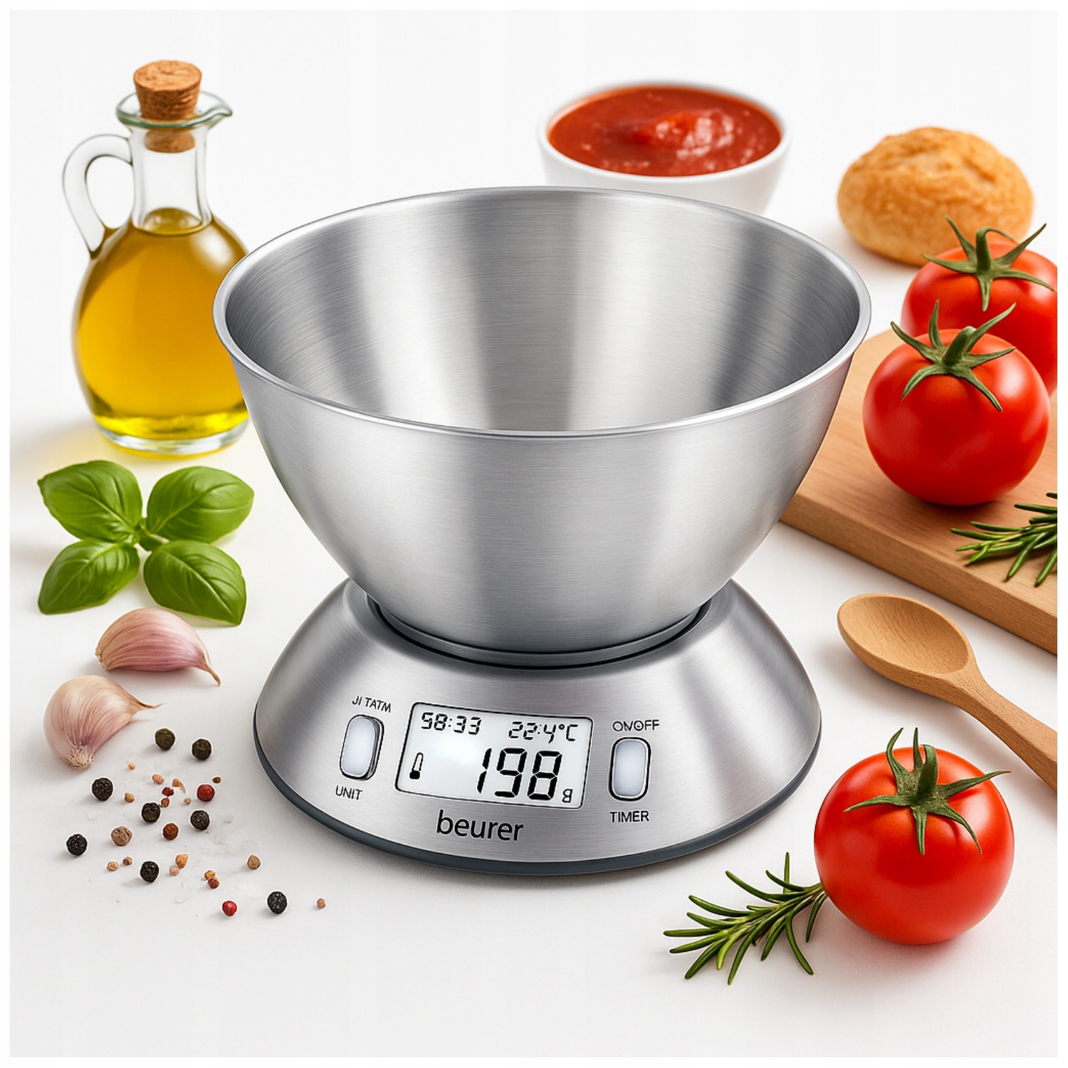 Kuchyňská váha Beurer KS54 stříbrná, nosnost 5 kg, snímač teploty 1,5 litru