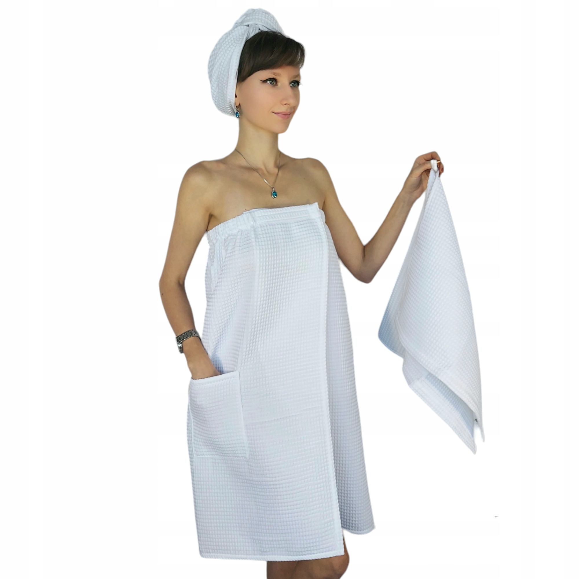 Dámský set Pareo+Ručník+Turban do sauny Spa do bazénu Bavlna Bílá Sm