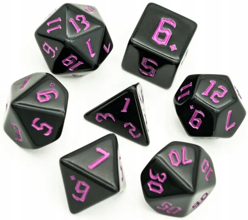 Zestaw 7 Kości Czarne Różowy Nadruk D4-20 K20 Rpg D&D BG3 Mtg Gra Planszowa