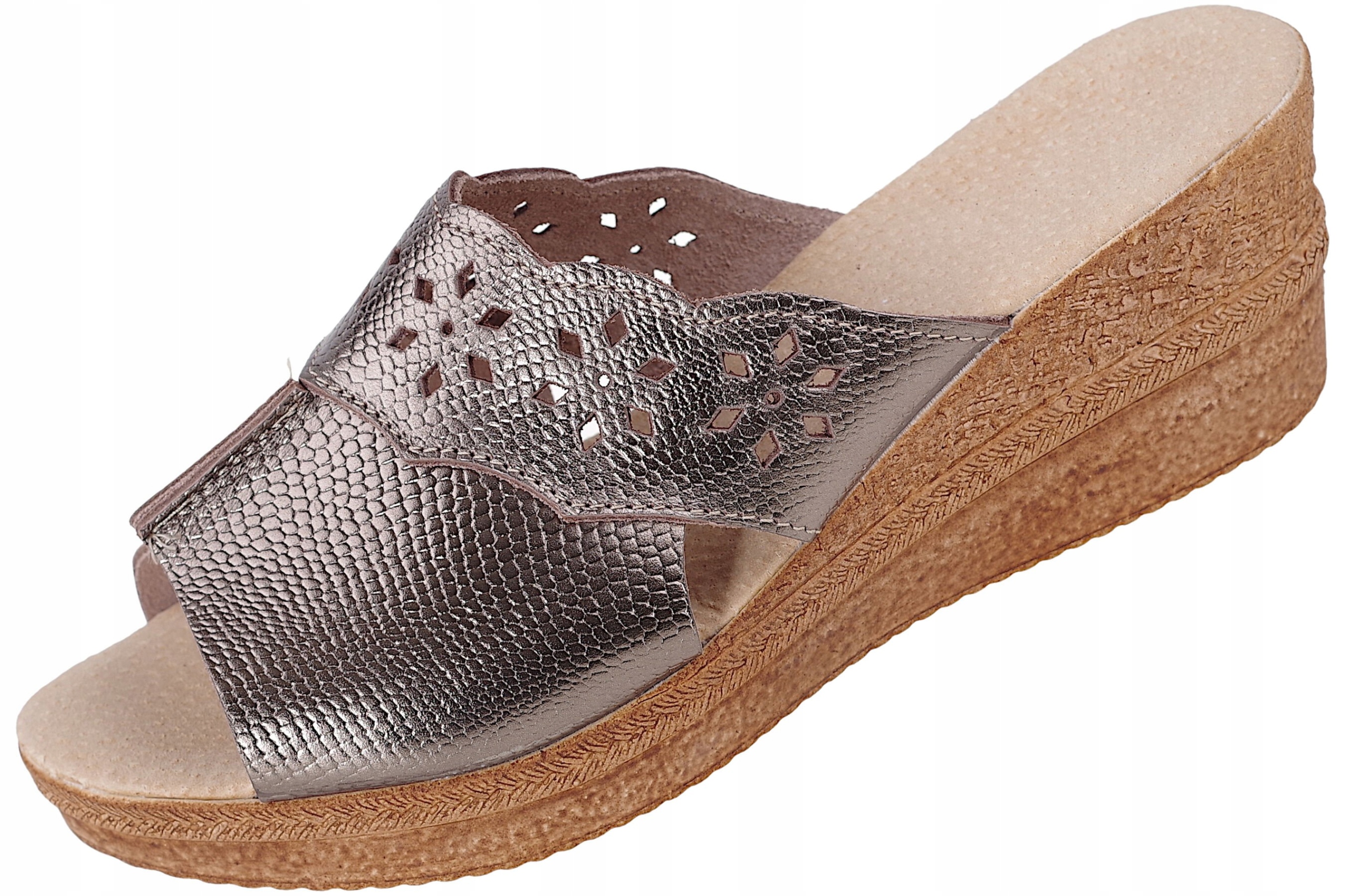 

Klapki skórzane ażurowe koturn Polskie złote r 39