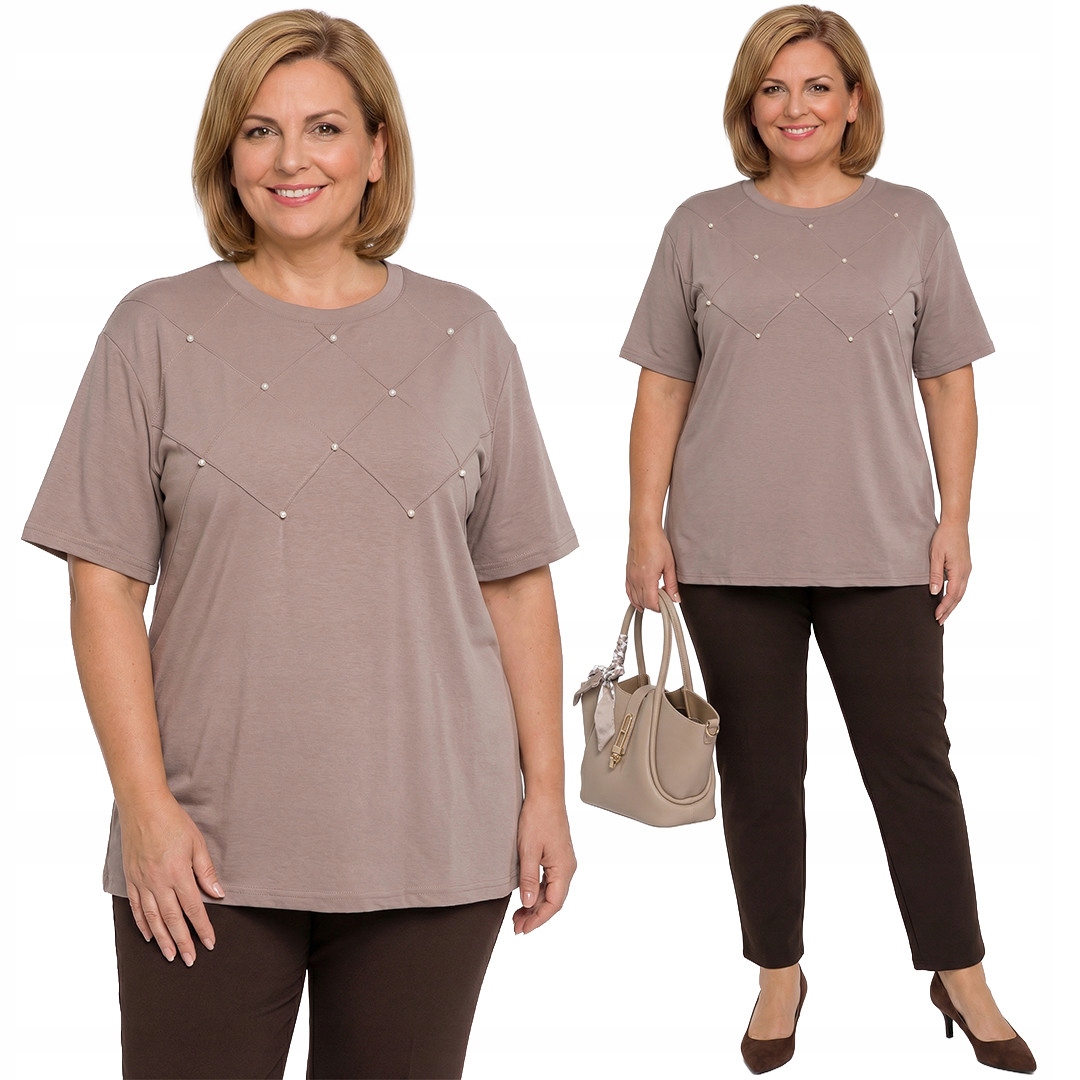 Tmavě béžová tunika s perlami plus size velikost 54/56