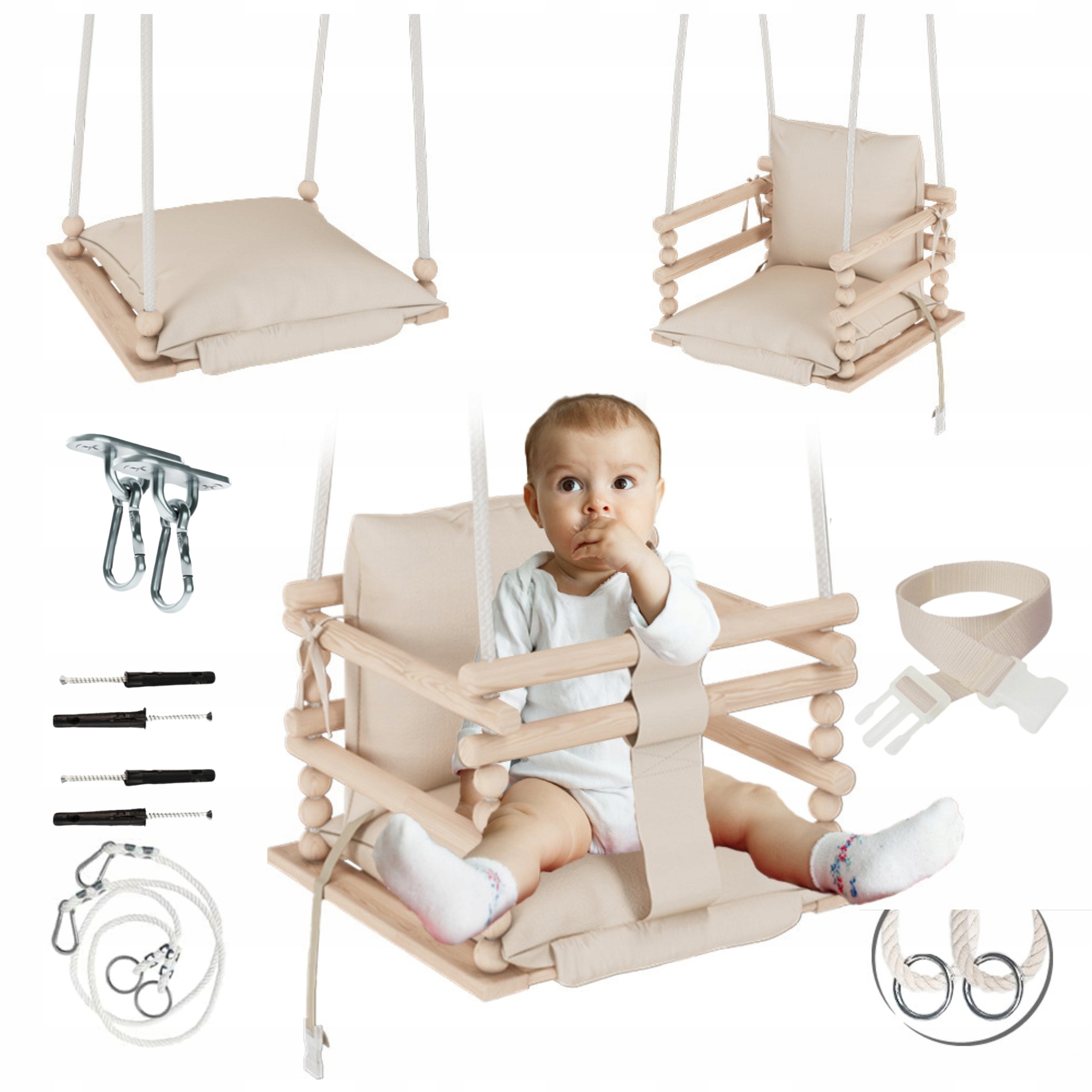 Huśtawka dla dzieci 3w1 PAS BEZPIECZEŃSTWA+HAK+PRZEDŁUŻKA - do domu, ogrodu