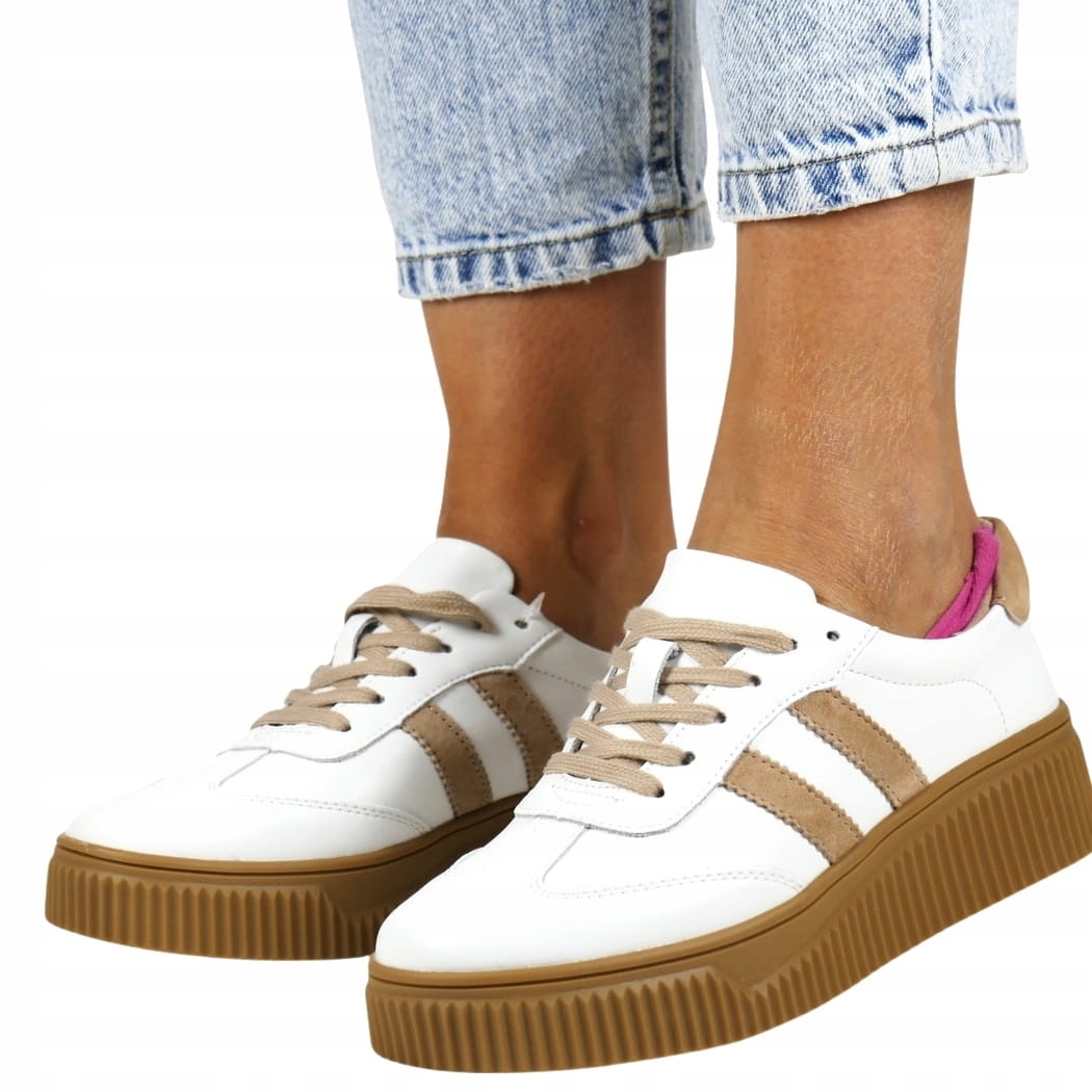 Kožené Polobotky Tenisky Bílé Béžové Růžové Silná Podrážka 38