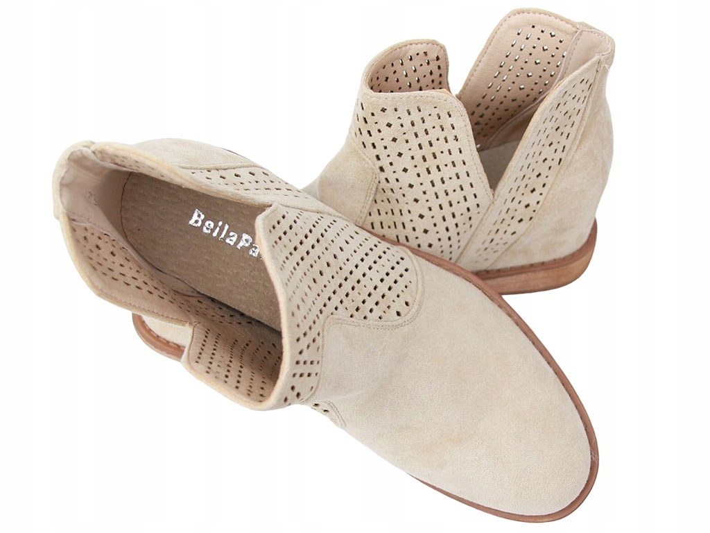 WIOSENNE BOTKI DAMSKIE AŻUROWE BUTY Z WYCIĘCIEM ZAMSZOWE BEŻOWE 37