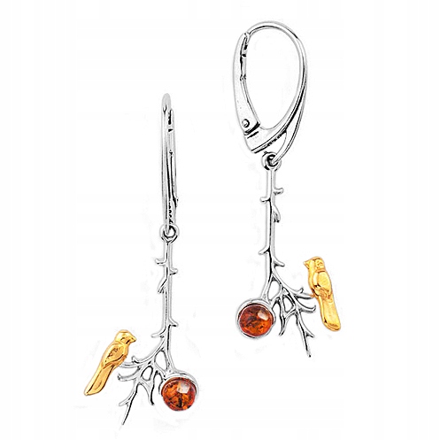 Stříbrné Náušnice ptáci anglické zapínání Stříbro s Jantarem dlouhé Závěsné