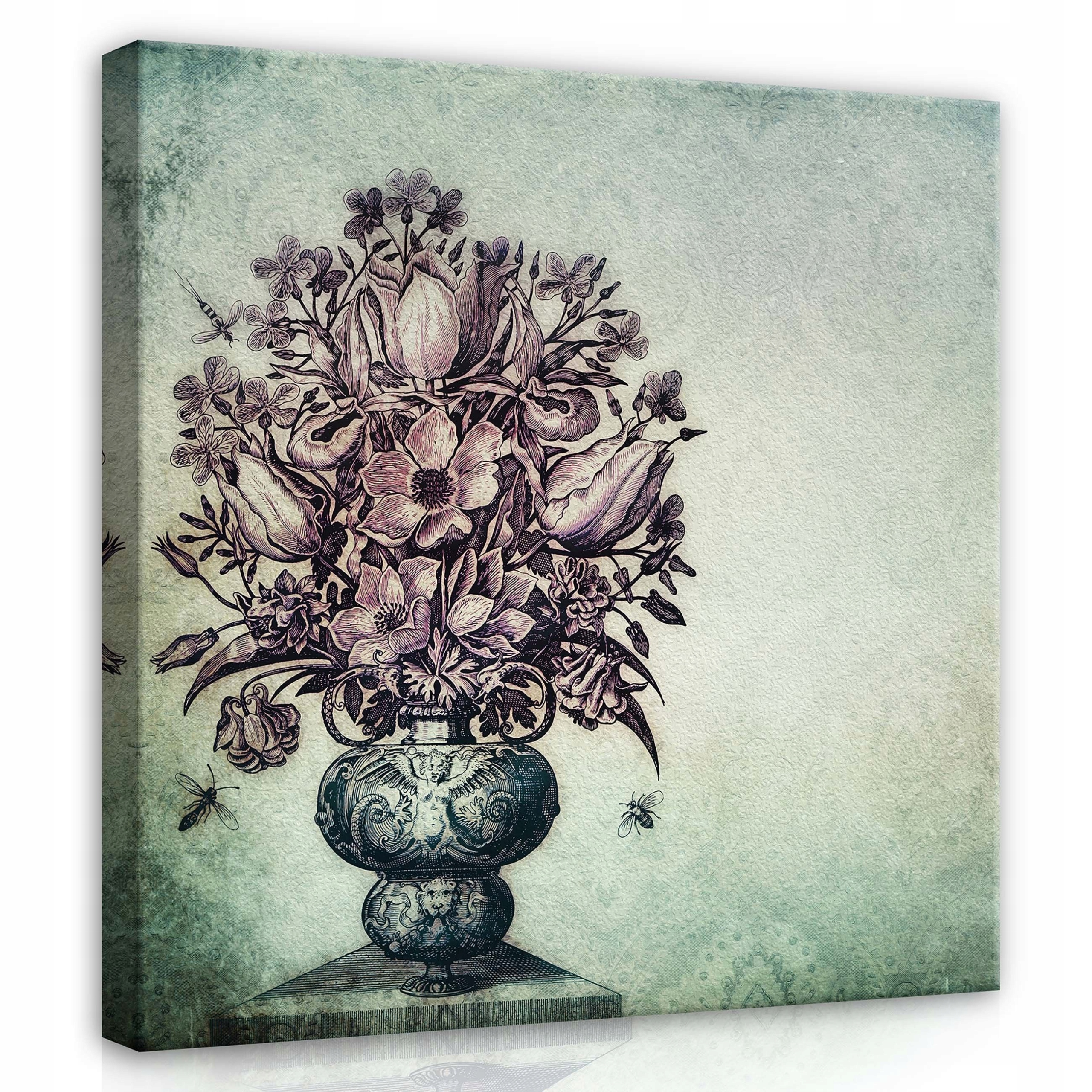 Obraz 80x80 Kytice vintage botanická grafika starožitná váza květiny retro