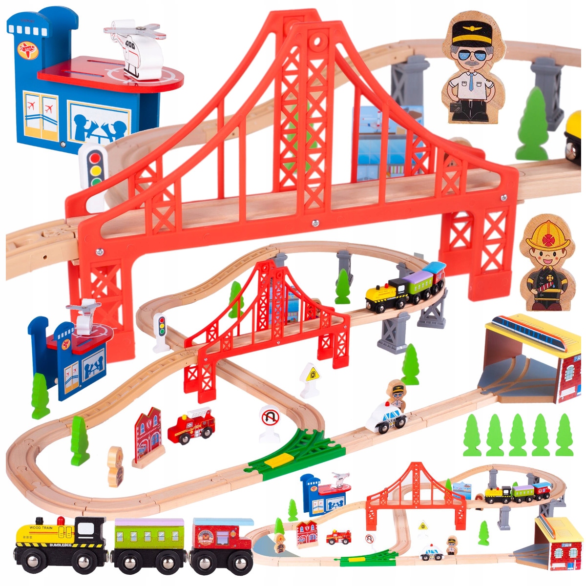 DREWNIANA KOLEJKA POCIĄG LOKOMOTYWA MIASTO POLICJA STRAŻ AKCESORIA 320 CM Stan opakowania oryginalne