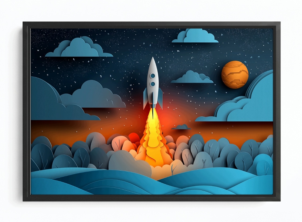 Obraz Rám Americký Box Raketa Start Vesmír Planety Papírové Umění 3D 120x80