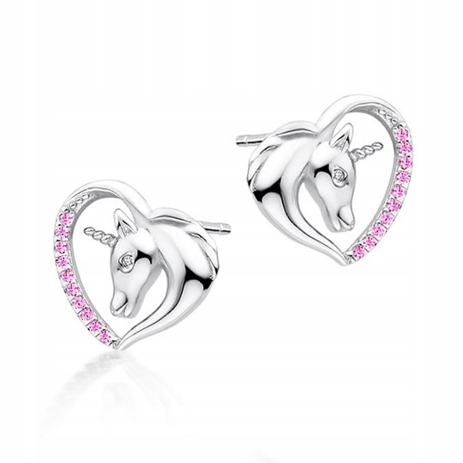 

Srebrne kolczyki serca jednorożec pink