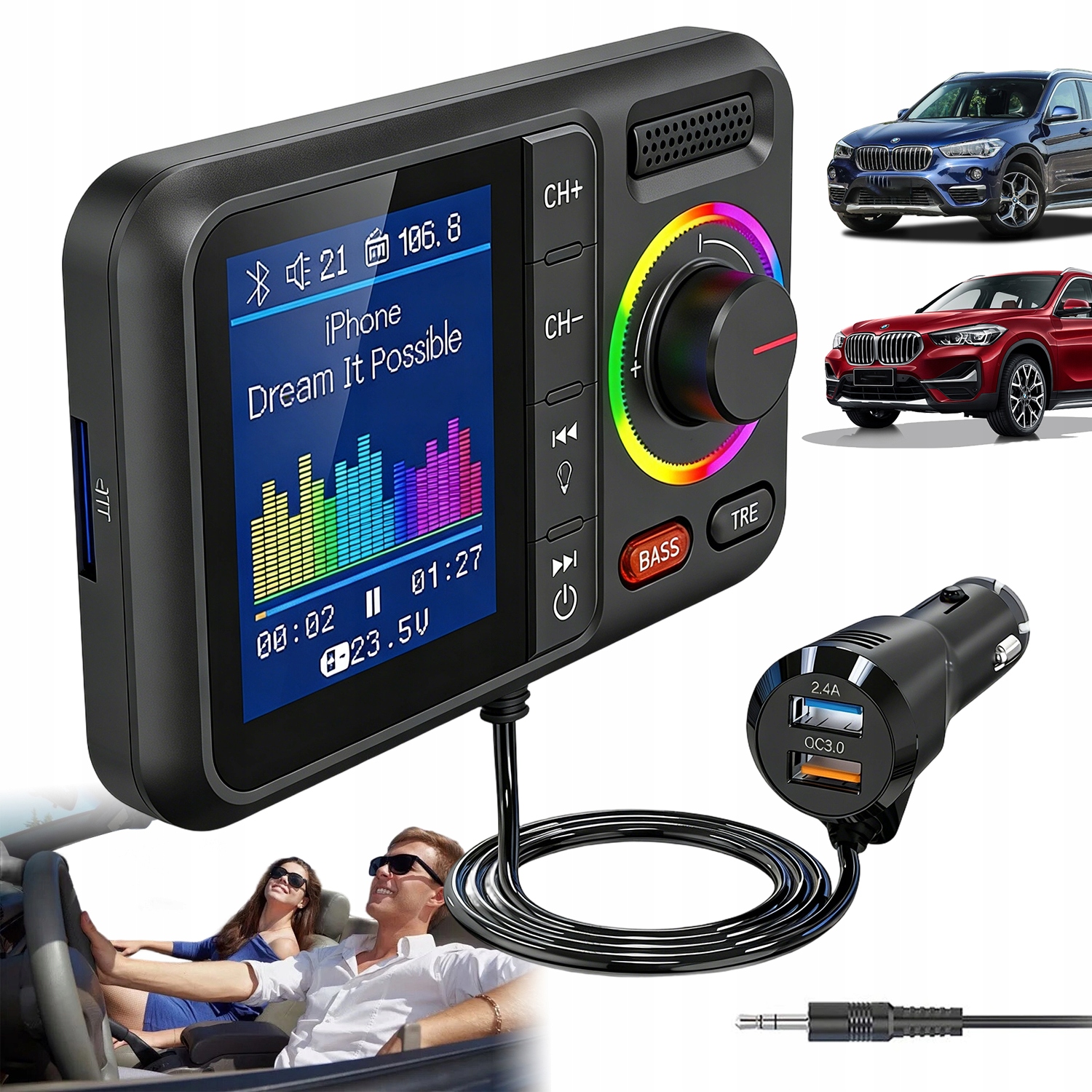 Bluetooth Fm Vysílač Do Auta QC3.0 2 Usb Velký Led Displej Podsvícení