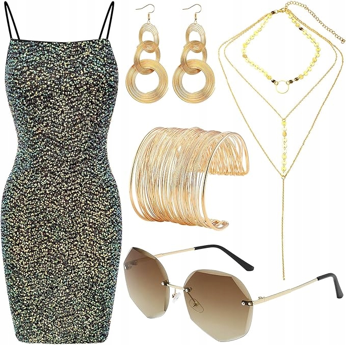 Kostým Převlek Šaty Disco Léta 70 Zlaté Dámské Šperky Kostým 6x