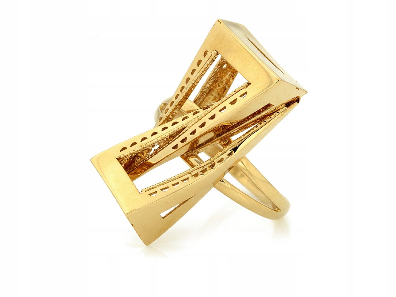 Velký zlatý prstýnek 585, moderní, ze dvou trojúhelníků, dárek 3.77 g