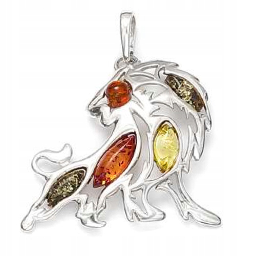 Stříbrný Lev barevný přívěsek s přírodním Jantarem stříbro 925