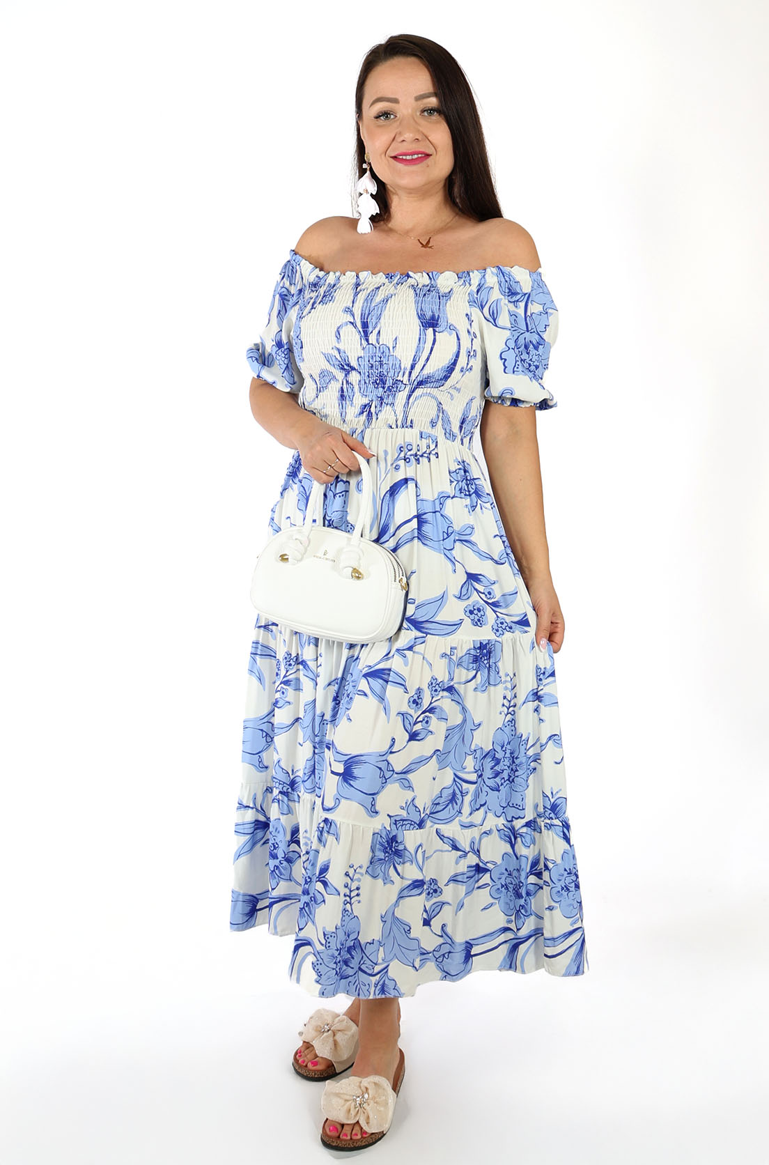 Italská Šaty Maxi Španělka s květinami Boho Made in Italy Letní modrá
