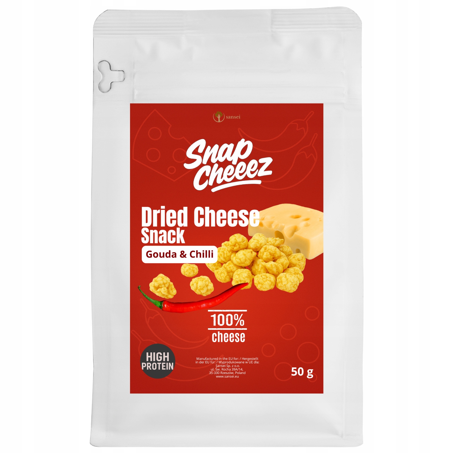 4x Snapcheez sušený sýr s chilli50 g svačinka chipsy proteinové Keto Sansei