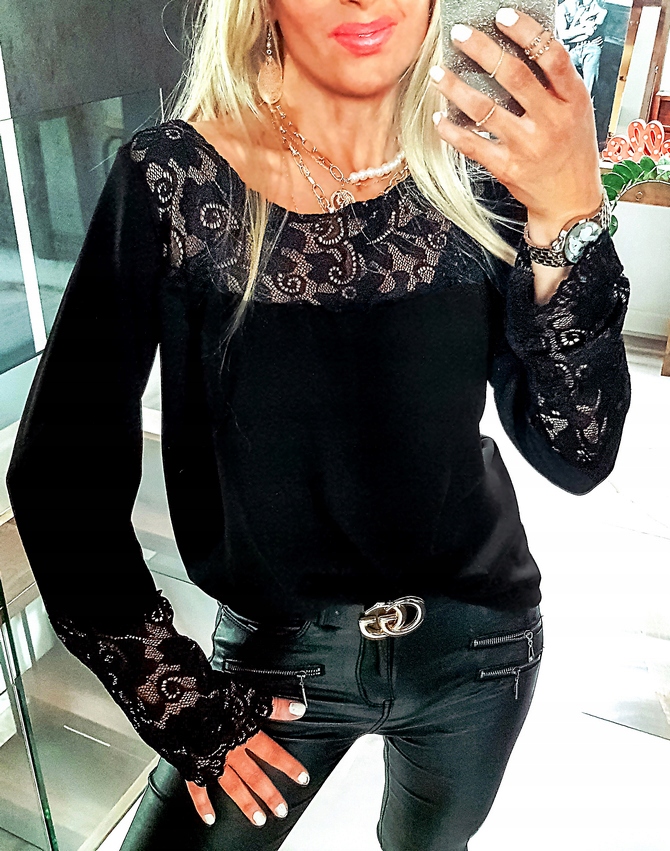 . BLUZKA KORONKOWA ELEGANCKA BOHO KOSZULA LUŹNA Rękaw długi rękaw