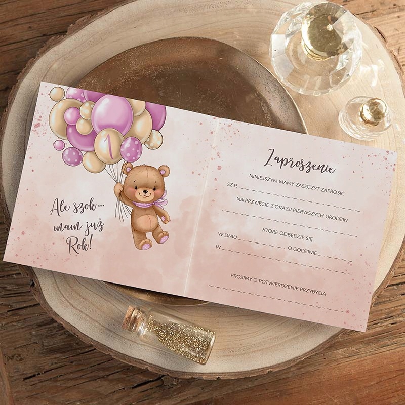 ZAPROSZENIA na Roczek dziewczynki 10szt +koperty Szerokość produktu 15 cm
