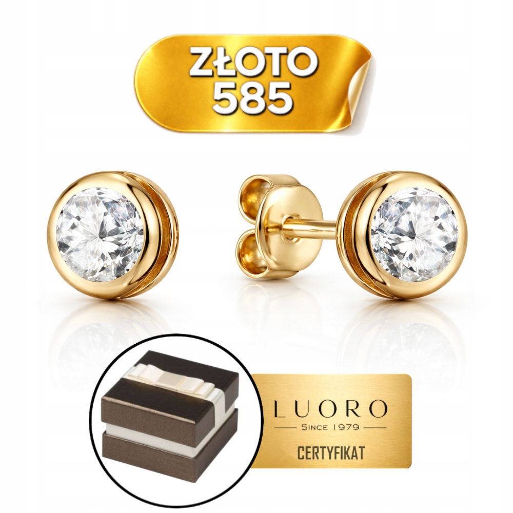 Náušnice Zlaté 585 14K Zirkon Obklopené Elegantní Tyčinkou 5,5 MM