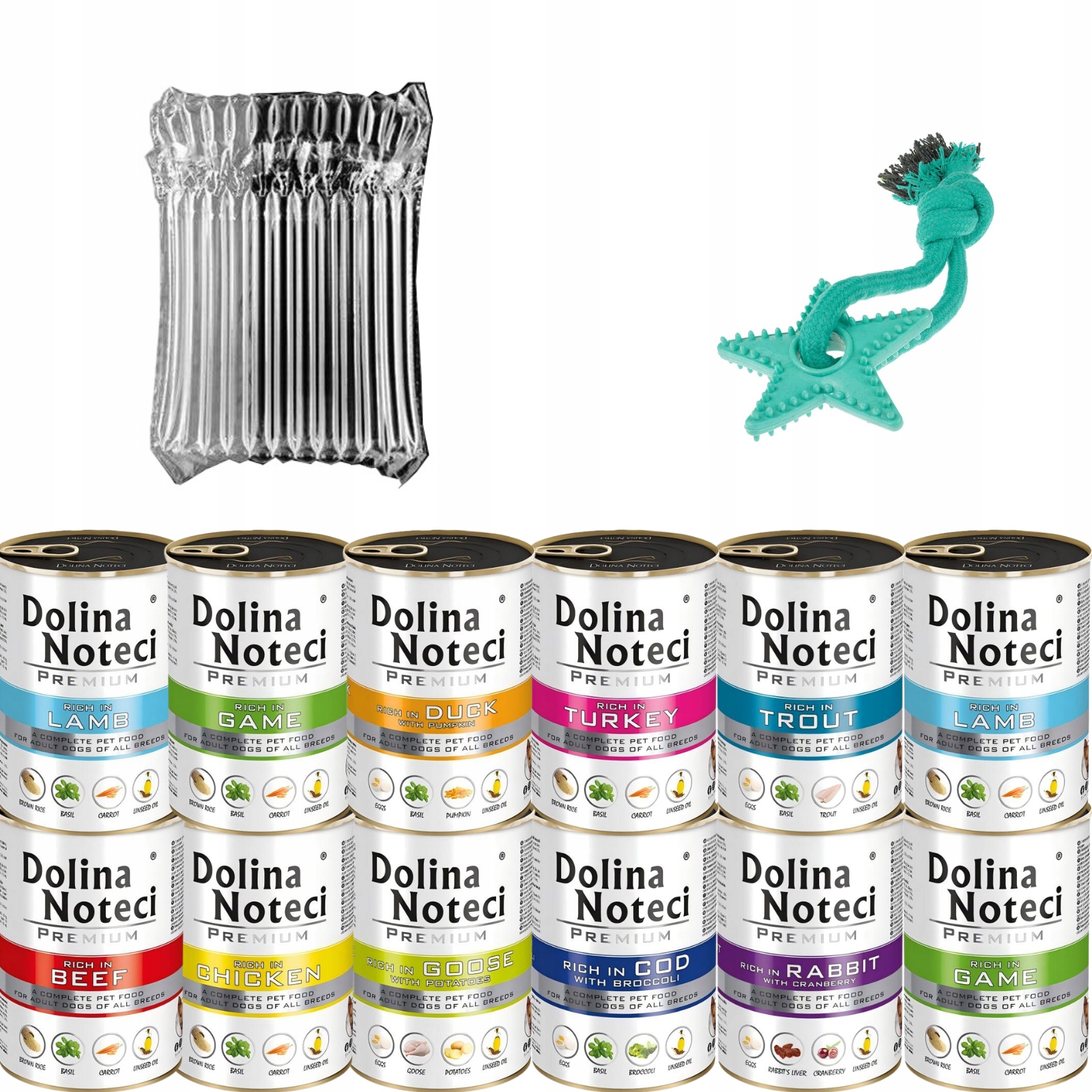 Levně Dolina Noteci Premium 12×400g pro psa – 10 příchutí, s hračka, silné balení