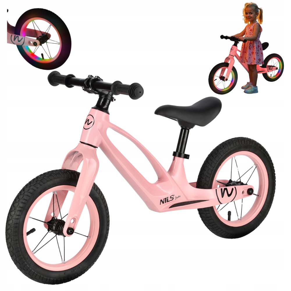 Rowerek Biegowy Lekki Dla Dziewczynki Magnesium Pompowane Koła 12" Led Nils