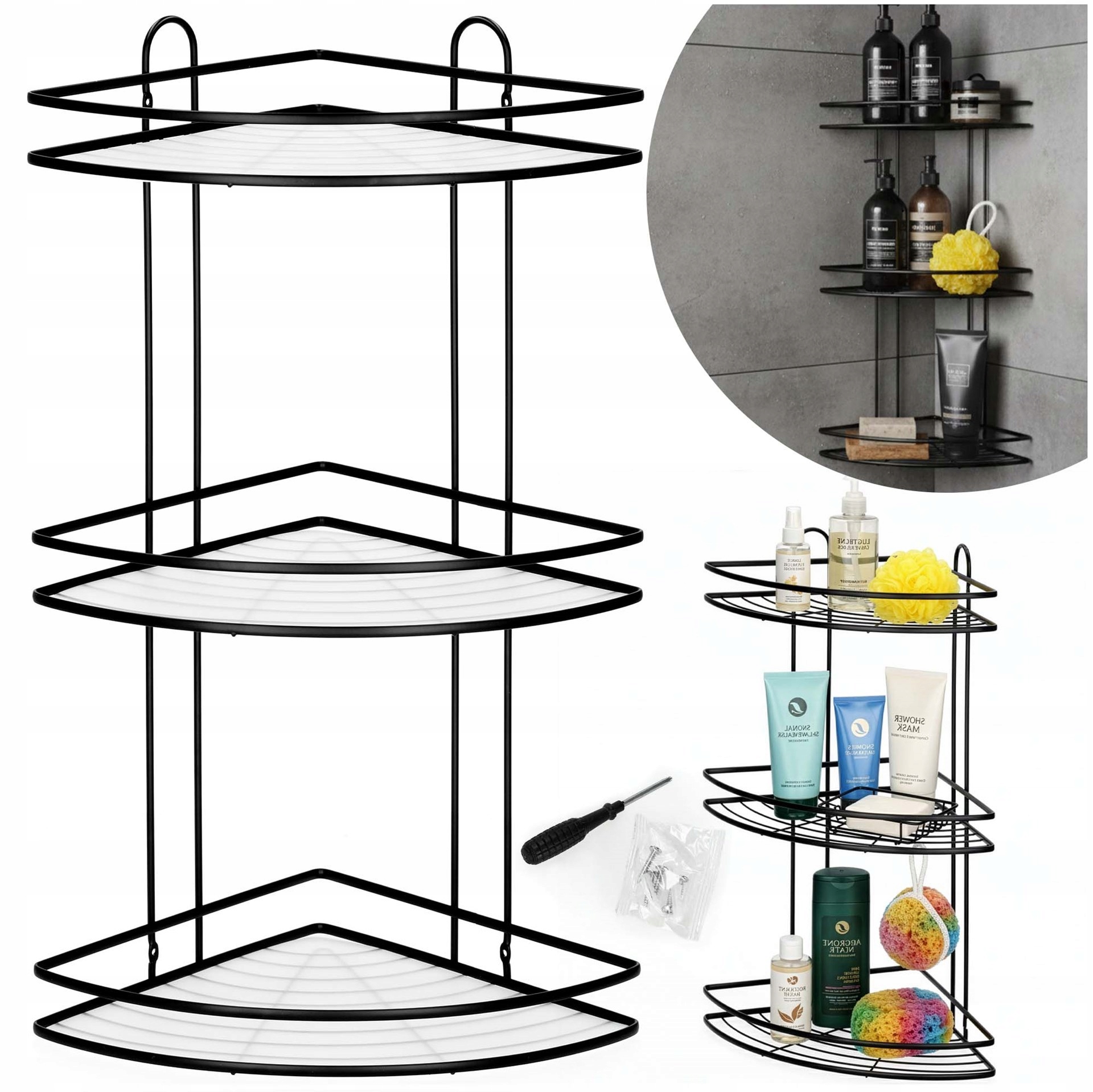 Rohová Koupelnová Polička Pod Sprchu Závěsná 3 Nástěnné Police Černá Loft