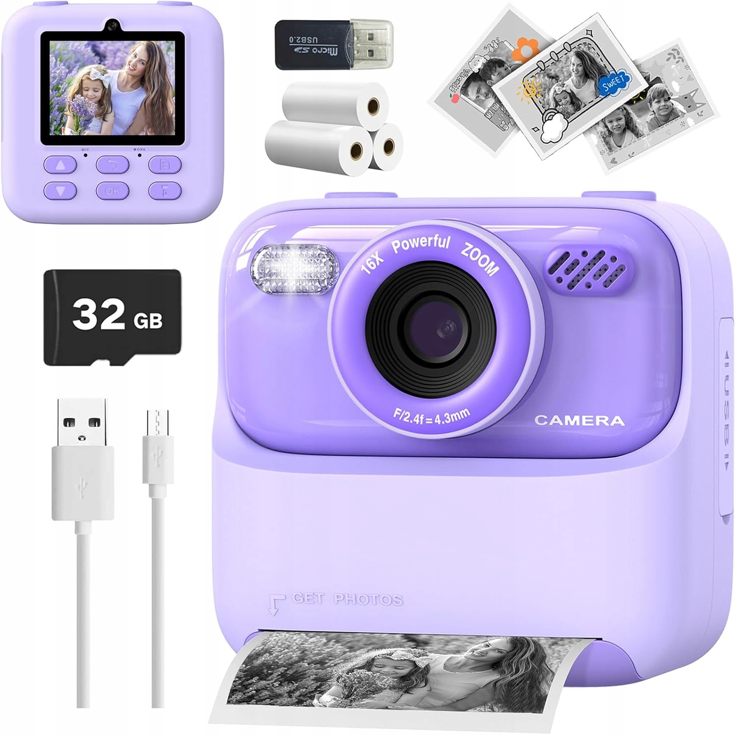 Instantní Fotoaparát 3 Role Mini Termální tiskárna pro fotografie Fialová