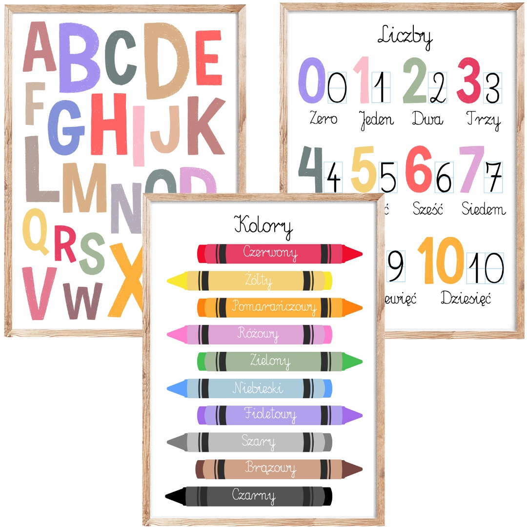 3 plakaty 40x50 duże zestaw Montessori edukacyjne alfabet liczby różne wzor