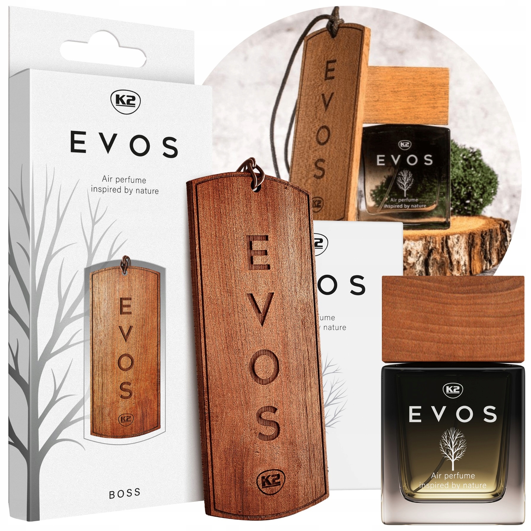 K2 EVOS BOSS ZESTAW PERFUMY 50ml + ZAWIESZKA ZAPACHOWA DREWNIANA ZAPACH